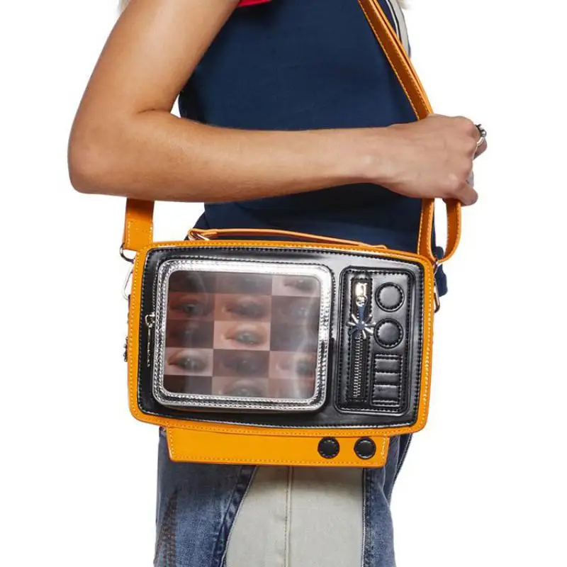 

Персонализированная креативная лакированная кожа в американском стиле, глянцевая сумка контрастного цвета, дизайн телевизора, модная сумка через плечо на одно плечо