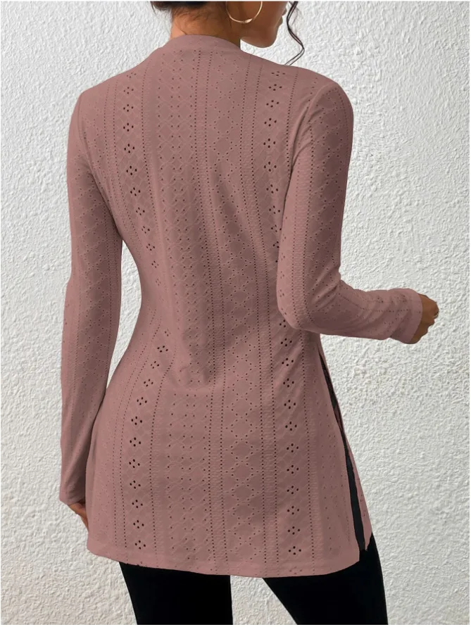 Women's Tees Long Sleeve O-neck Hollowed Out Shirt 2024 Autumn New Solid Patchwork Blouse Elegant Office Lady Tops Blusa Mujer