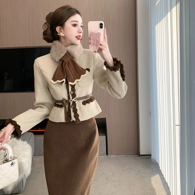 Woman's Autumn and Winter Cotton Scarf Woolen Blazers Skirt Suits Retro Contrast Lace Woolen Coat Hip Overskirt Two-piece Sets