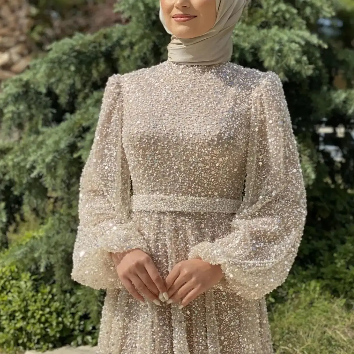 FATAPAESE Customized Evening Dress Sparkly Embellished High-neck Fully Cover Beads Stones Long Sleeve Formal Occasion Dress