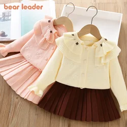 Bear Leader 2-6 Year Old Plain Girls Clothes Autumn and Winter Long Sleeved Lapel Cardigan+Short Skirt Sweater Two-piece Set