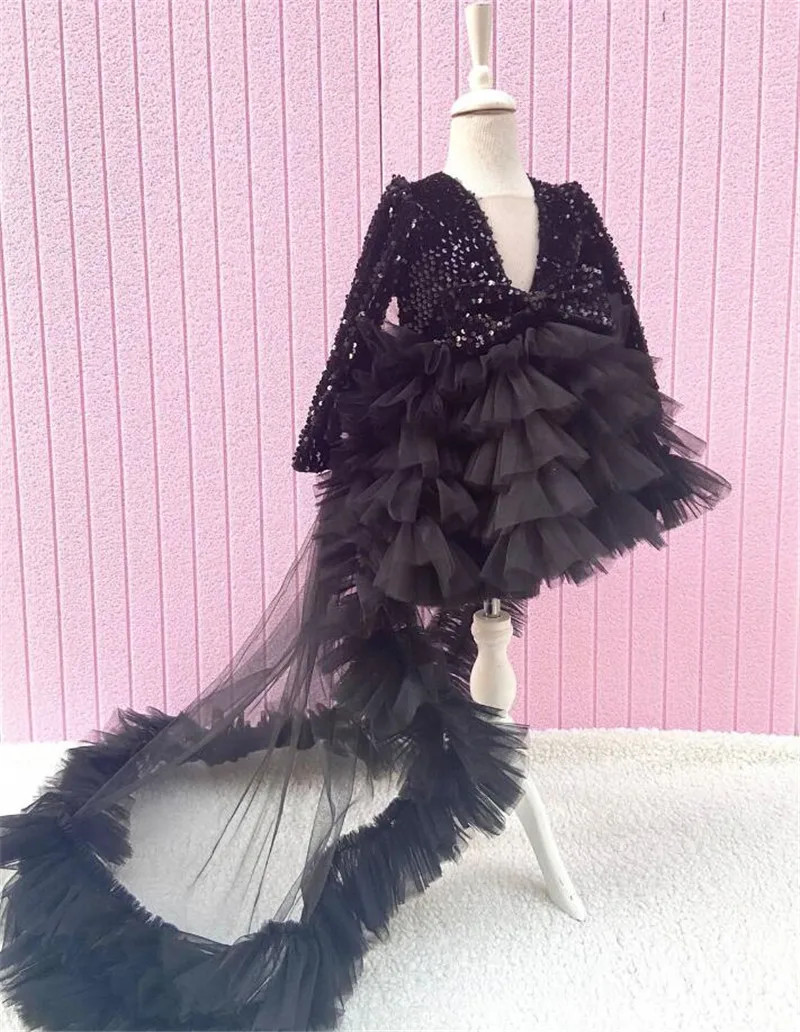 

Black Flower Girl Dress Full Sleeve Infant Toddler First Birthday Dress Princess Party Pageant Gown with Long Tail