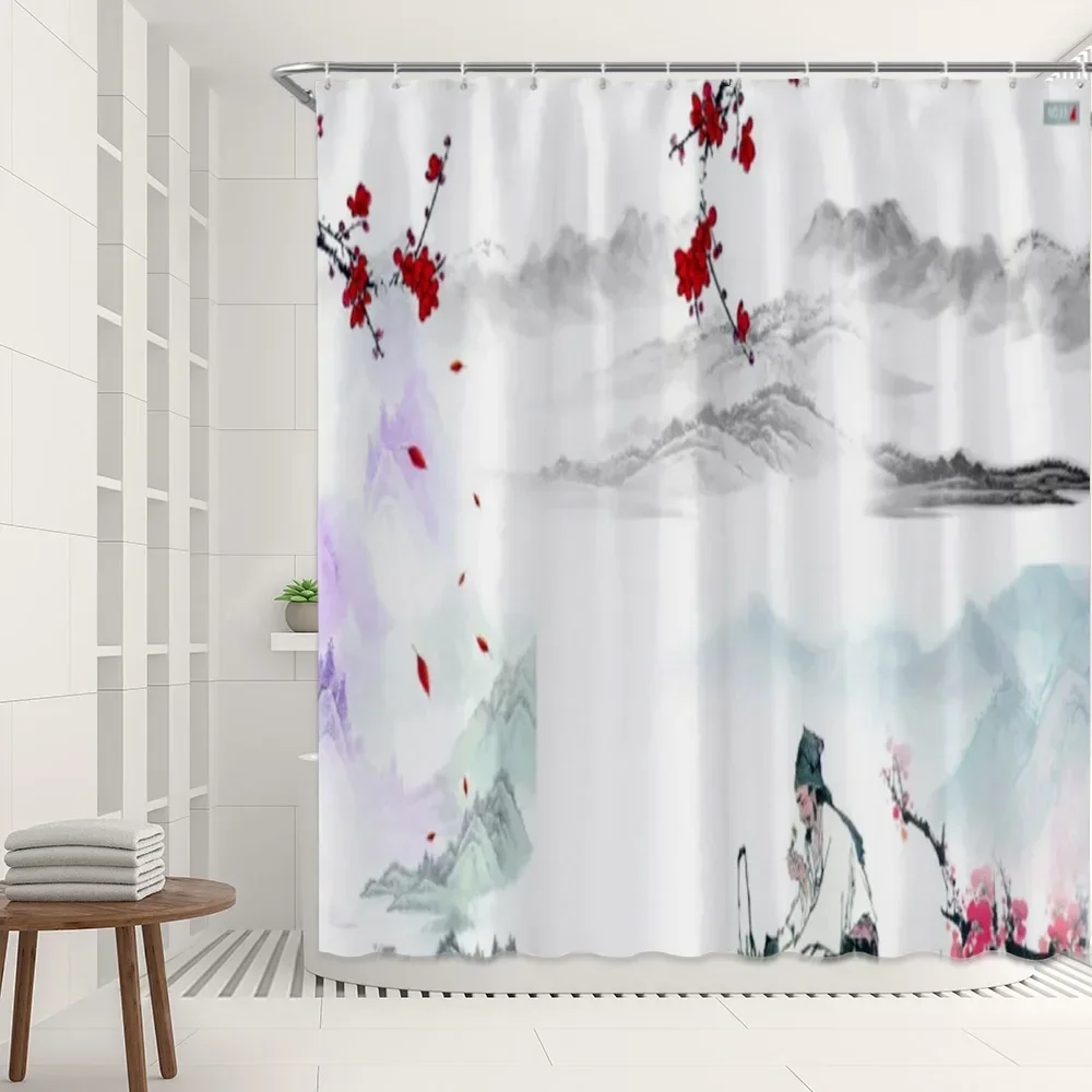 Chinese Painting Shower Curtain Aesthetic Ink Plum Landscape Natural Scenery Bathroom Decor Curtain Bath Curtain Set with Hook