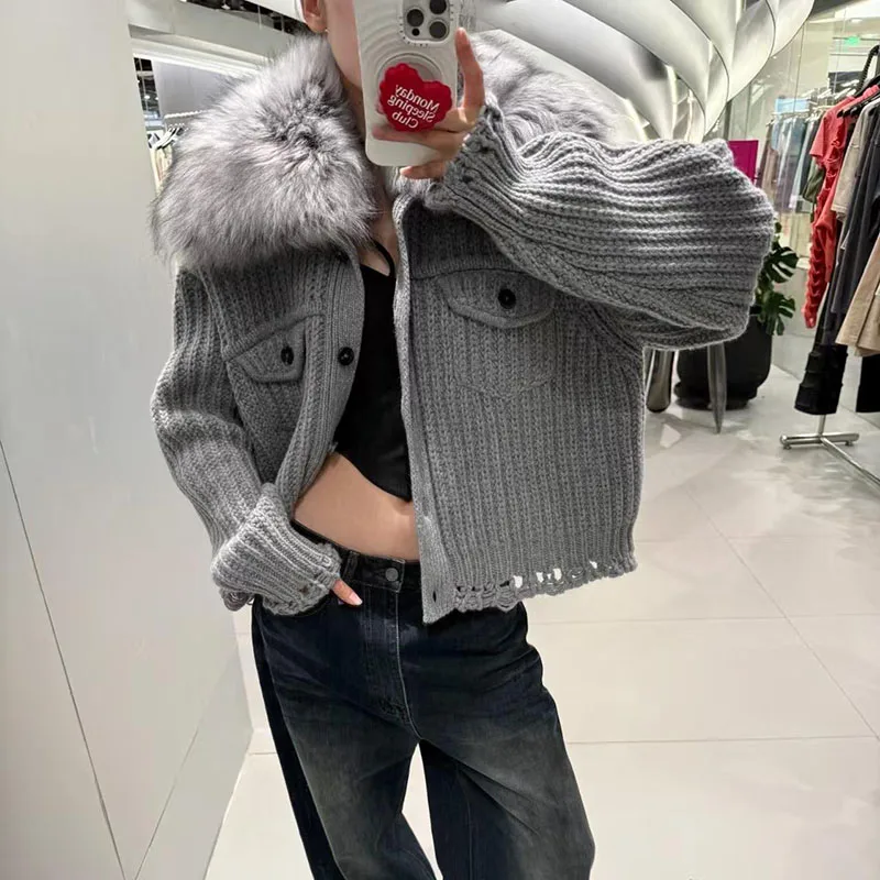 سترة للنساء جديدة قابلة للفصل بياقة من الفرو وأكمام طويلة لشتاء 2025 سترة نسائية من مزيج الصوف معطف بصدر واحد