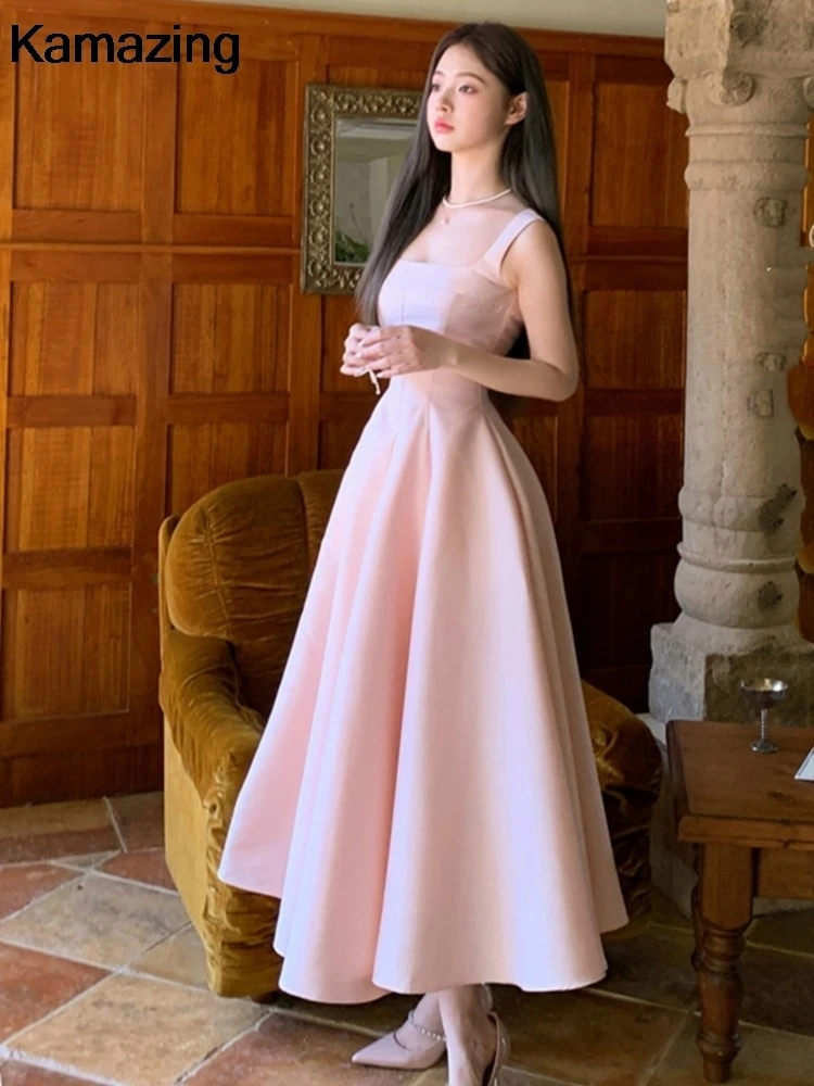 Elegant Pink Runway Midi Dress Summer French Holiday Evening Party Dresses A-line Prom Robe Wedding Vestidos Ladies Clothes New