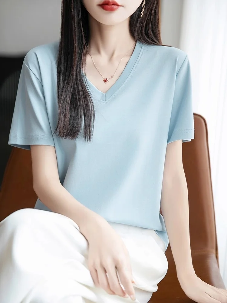 Czysta bawełna, dzianina w kształcie litery V, luźna koszulka damska na lato, oddychająca, wyszczuplająca, przeciwstarzeniowa, koszulka bazowa z odkrytymi ramionami...