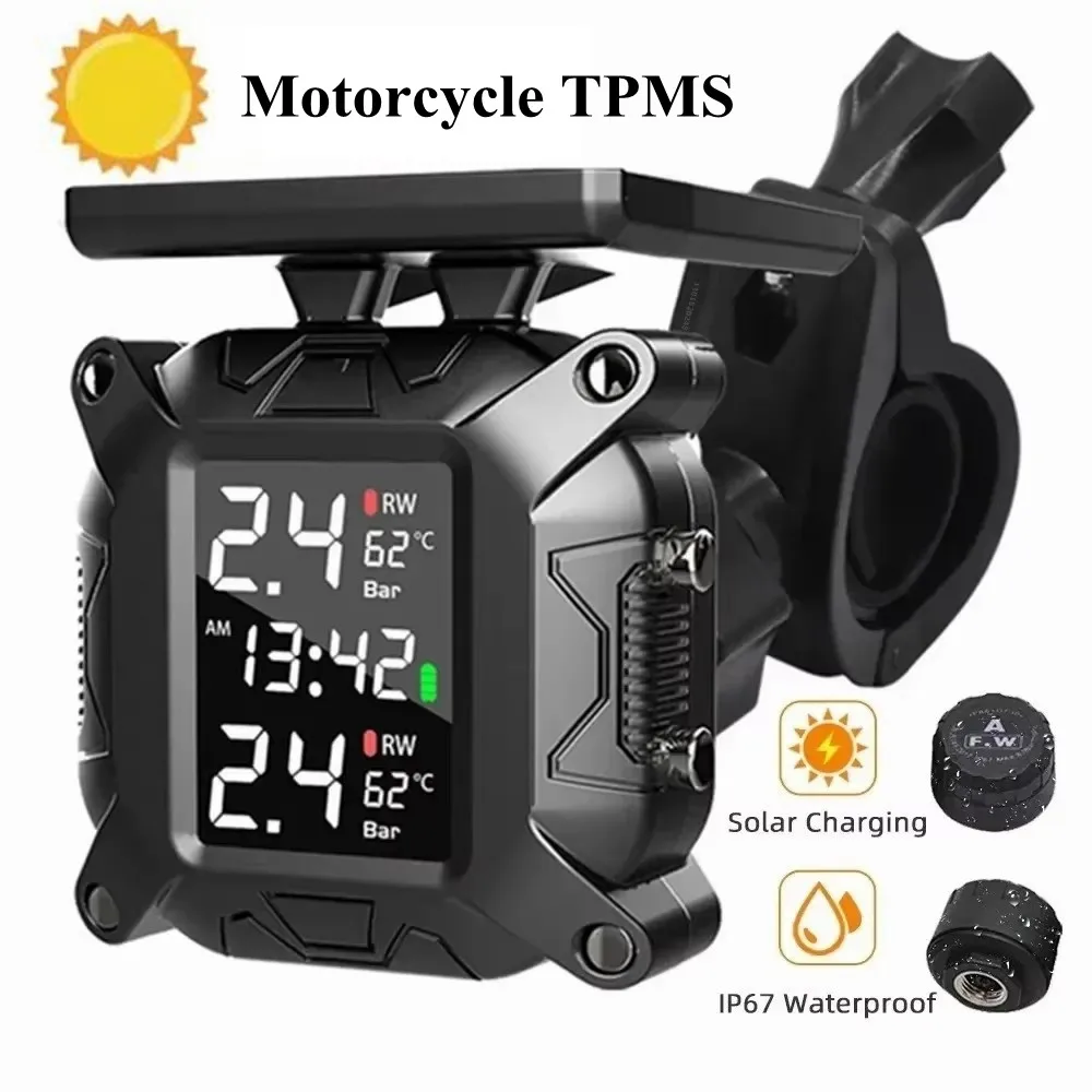 Motorcycle TPMS Solar Power Tire Pressure Monitor Wireless Tire Pressure Monitoring System Tyre Temperature Sensor Alarm System