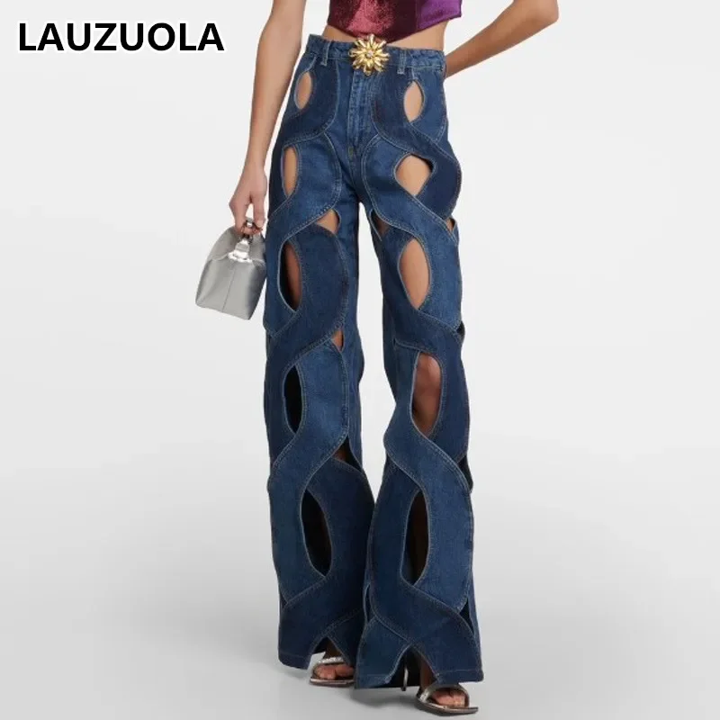 Sexy Criss-Cross Cut Out Denim Pants Women 2026 Fashion Streetwear High Waist Casual Straight Flare Pant Female Blue Jeans