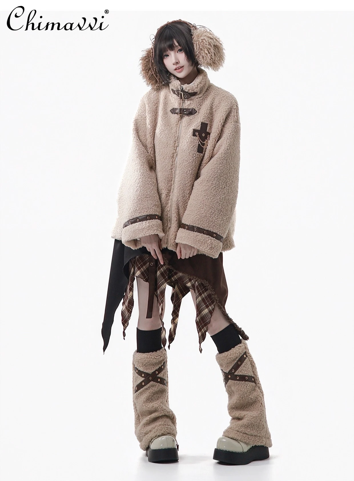 Japanese Style Coffee Color Silver Fox Fur Lamb Wool Coat Winter New Fashion Long Sleeve T-Shirt Top Skirt Set Women's Warm Set