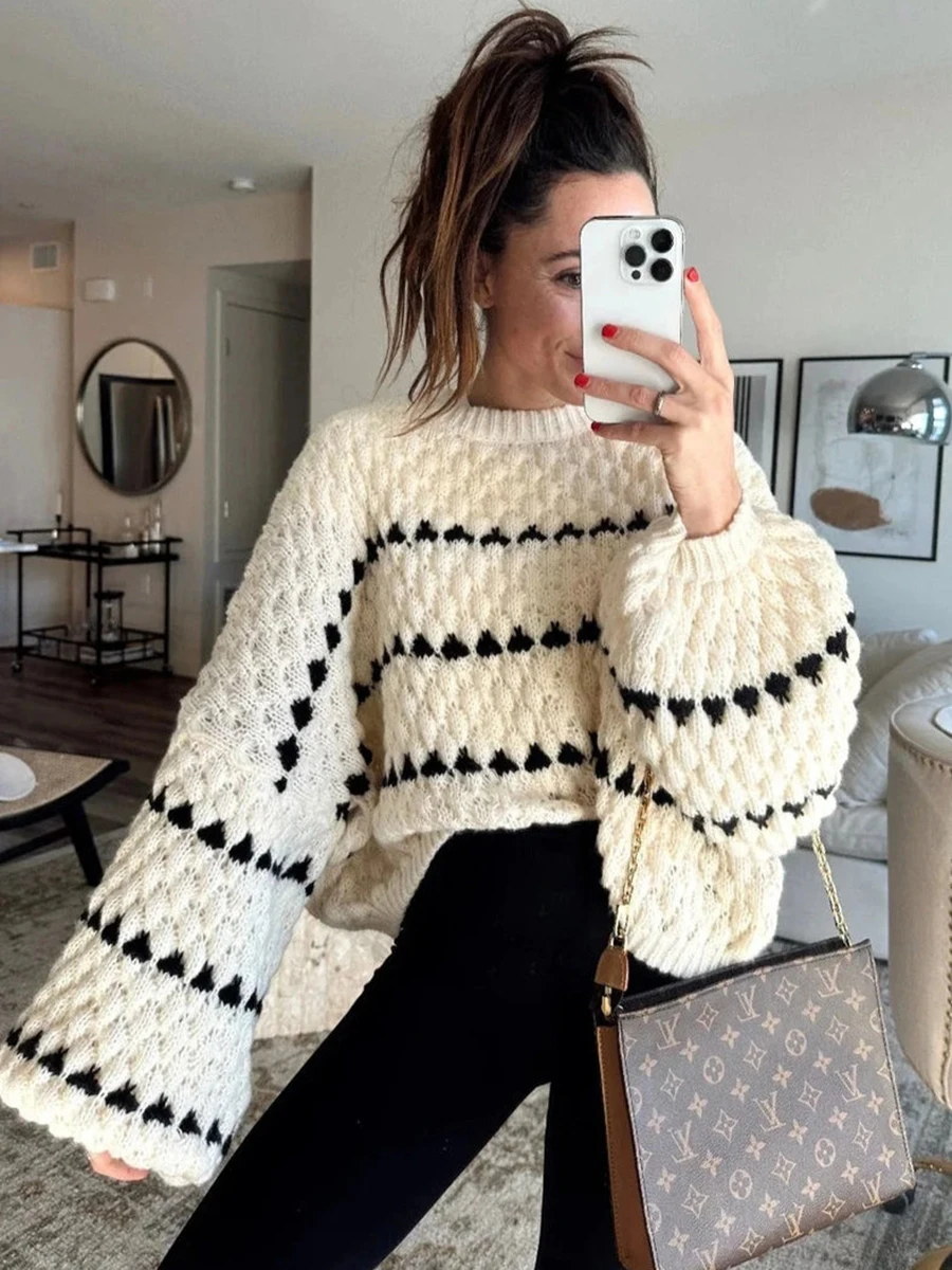 Hearts Graphic Intarsia Sweater Women Autumn O Neck Long Sleeve Knitted Jumpers Casual Fashion Loose Striped Pullover Tops 2024