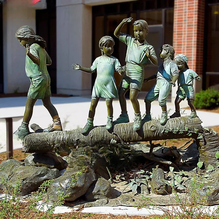 Outdoor Garden Lawn Life Size Brass Child Play Statue Boy and Girl Walk on Single-plank Bridge Bronze Sculpture