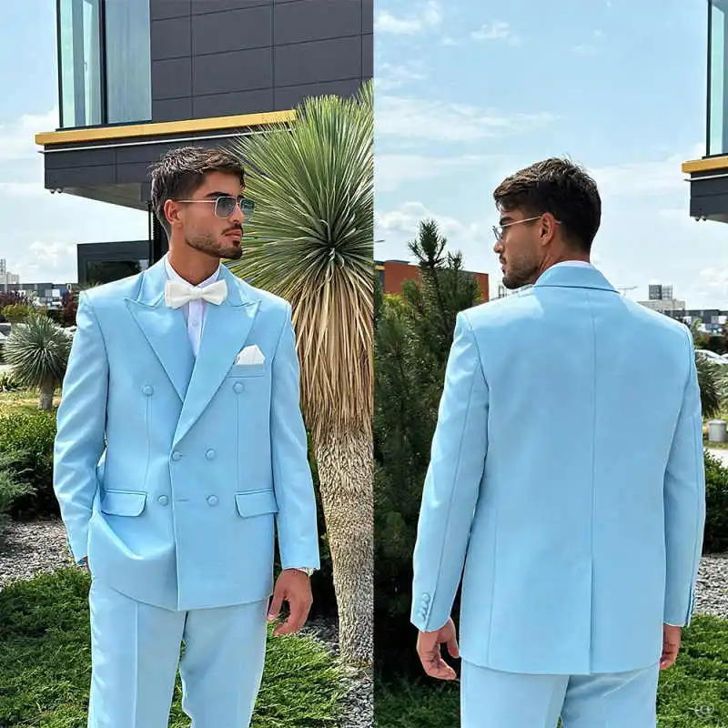 

Beach Wedding Tuxedos Suits Double Breasted Men Prom Blazer Peaked Collar Jacket Pants 2 Pieces Customized Holiday Wear