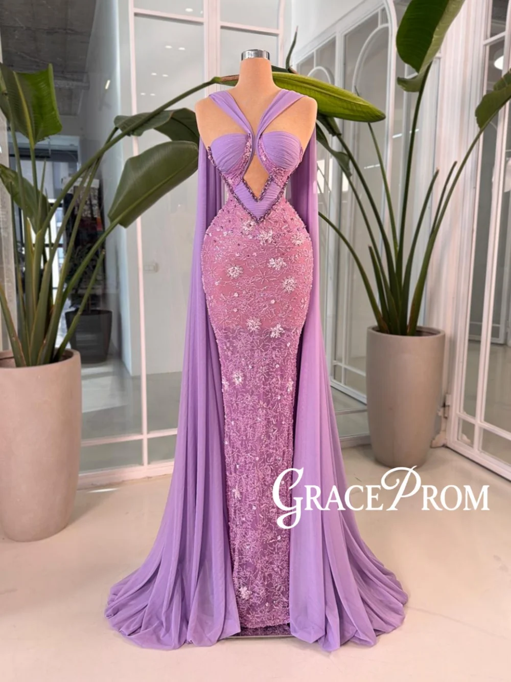 

Lavender Beaded Lace Evening Dress Stunning Illusion Mermaid Long Wedding Party Gowns New Customized Exquisite Banquet Gowns