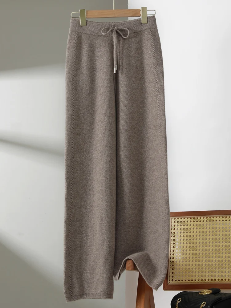 New Chic Women's 100% Merino Wool Knitted Twisted round-knit wide leg Pants Autumn Winter Soft Warm Thick Casual Style Trousers