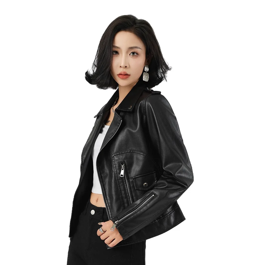 Autumn Women Faux PU Leather Jacket Casual Lapel Long-sleeve Zipper Outwear Female Motorcycle Streetwear Coat