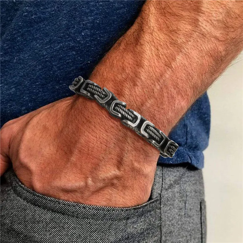 Hiphop Chunky Byzantine Bracelets,Retro 8mm Stainless Steel Braided Link Wristband,Punk Vintage Jewelry Gift for Men Boys