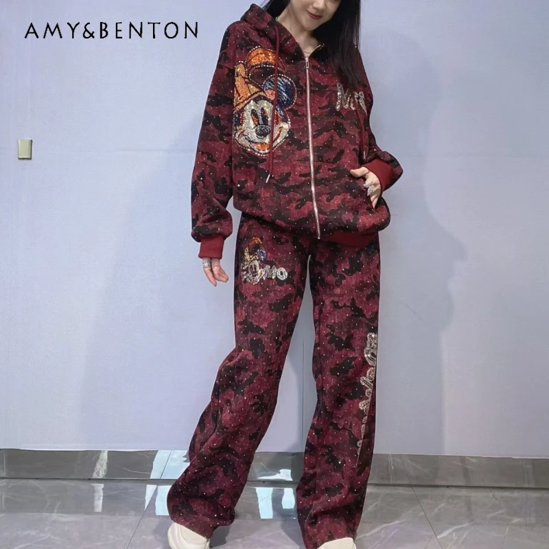 

Kawaii Hooded Cardigan Oversized Sweatshirt Set Autumn Rhinestone Casual Hoodies Straight Pants Loose Sportswear Two-Piece Suit