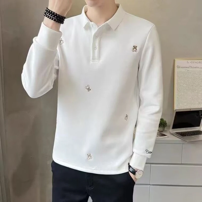 

Мужская весенне-осенняя новая рубашка-поло с длинными рукавами и лацканами, модная модная универсальная повседневная рубашка-поло с вышивкой для мужчин