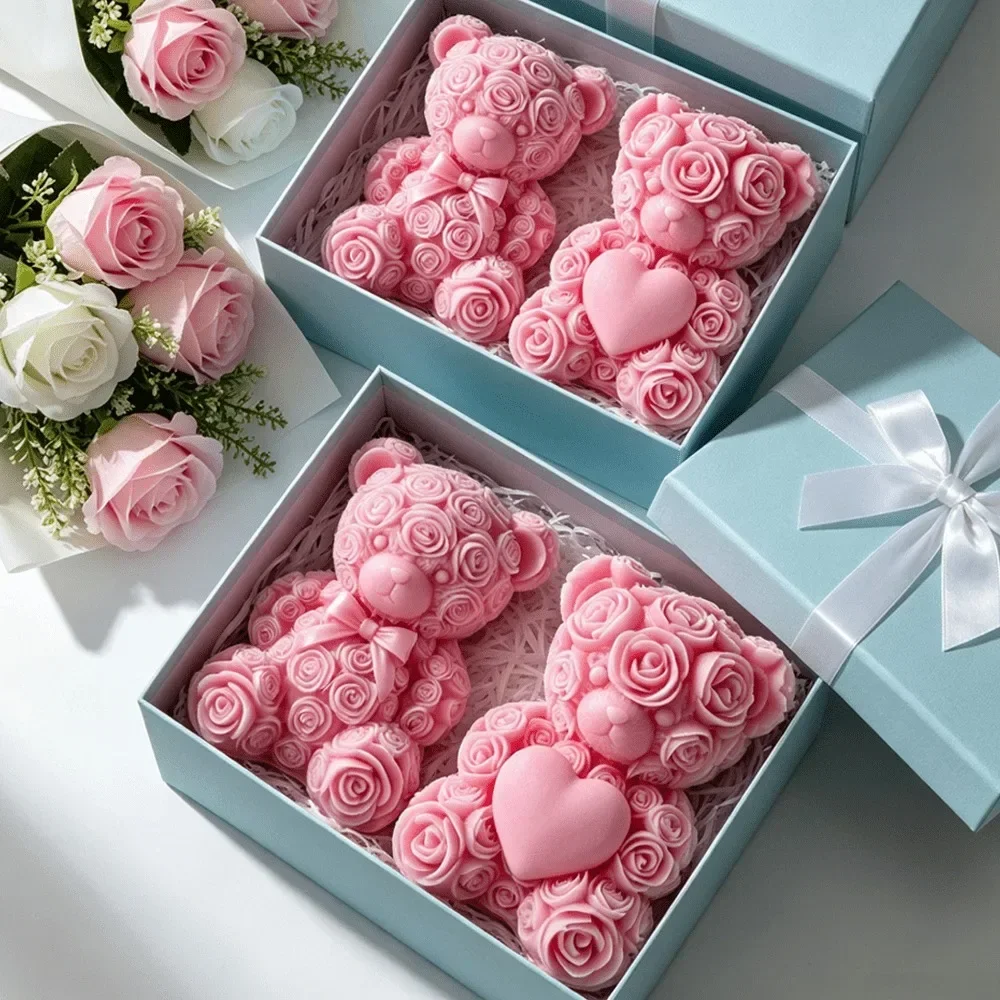2-teilige Silikonform „Rosen-Teddybär“ mit Fliege für DIY-Seifen, Harzornamente und Jubiläums-Gastgeschenke – Detail 6