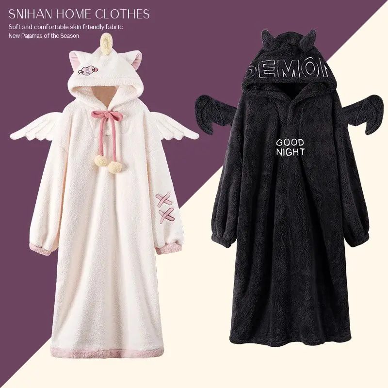 Angel and Devil Hooded Nightwear Robe Couple's Winter Pajamas Set Thickened Nightgowns Oversize Home Casual Sleeping Clothes