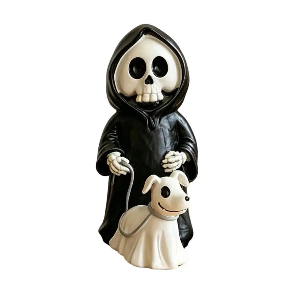 Halloween Resin Ornament Grim Reaper Resin Figurine with Ghostly Puppy Black Robed Skeleton Halloween Statue Dark Desk Shelf