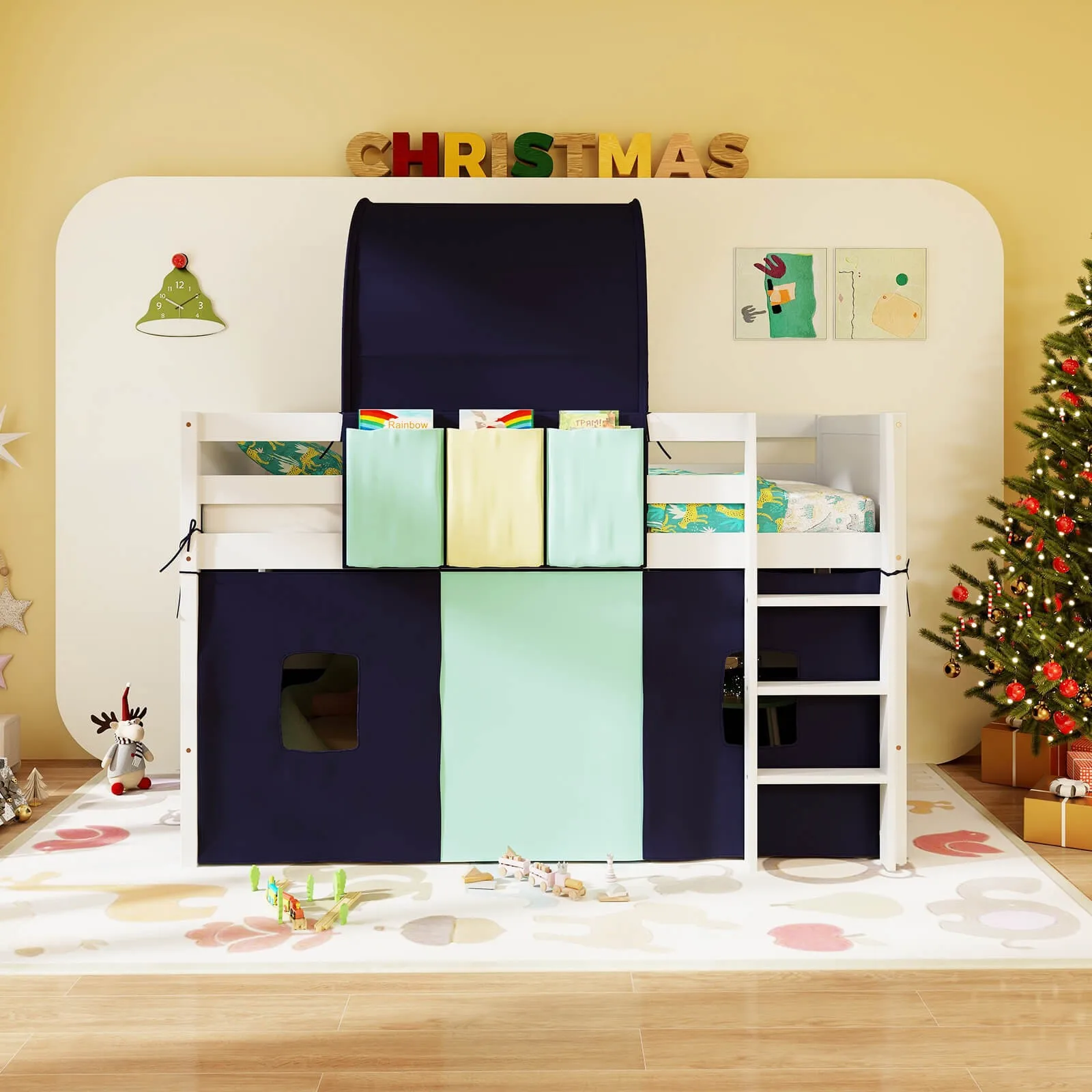 Twin Loft Bed with Tower & Tent 3 Storage Pockets Safety Guardrail and Ladder