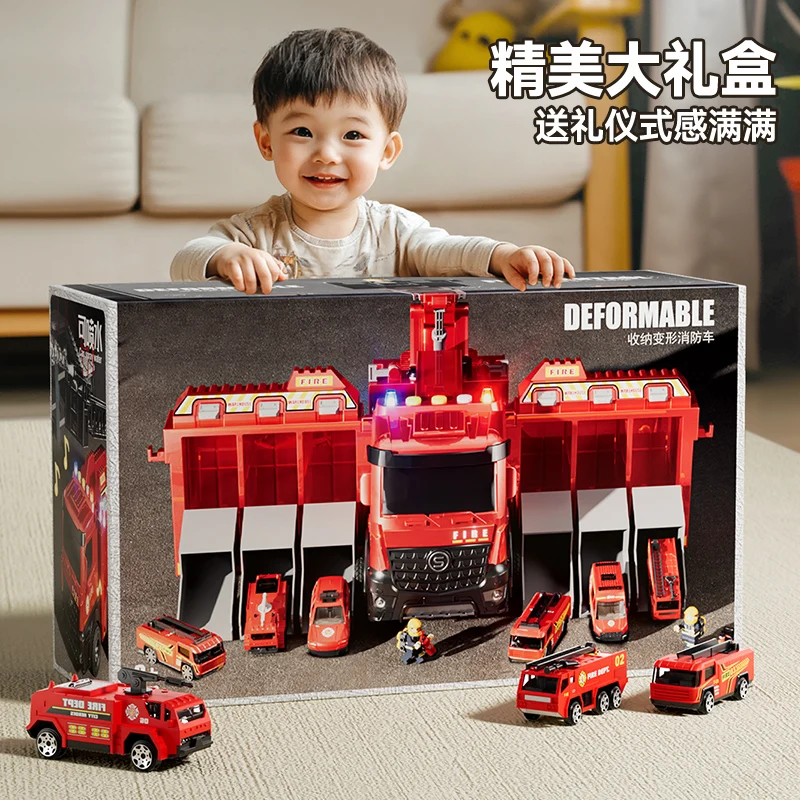 Multi functional fire truck toy, boys' large alloy ladder, children's deformed car, birthday gift