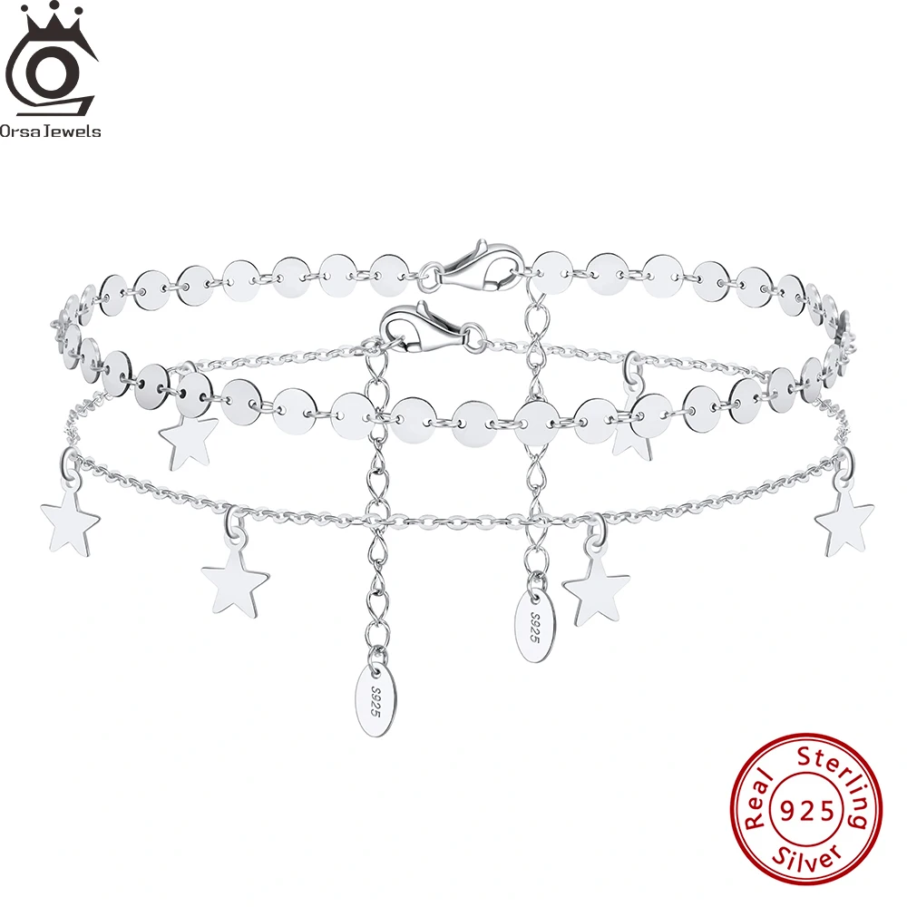 ORSA JEWELS 100% 925 Sterling Silver Star Pendans Foot Chain for Women Summer Elegant Sequins Stacking Anklet Ankle Gift SA25