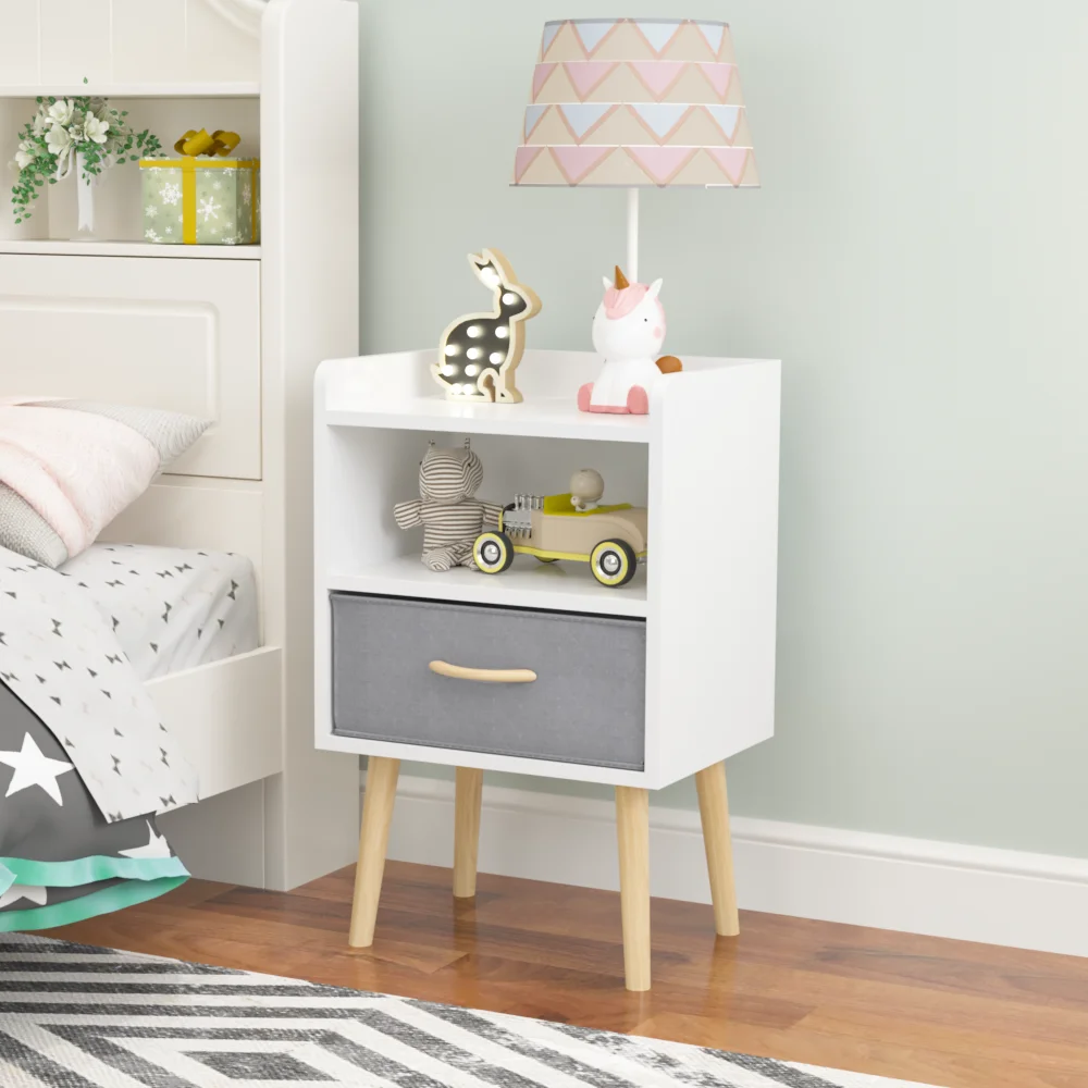 

Nightstand with Collapsible Fabric Drawer 2-Tier Storage End Table Wood Side Table with Storage Cabinet for Kids Adults White