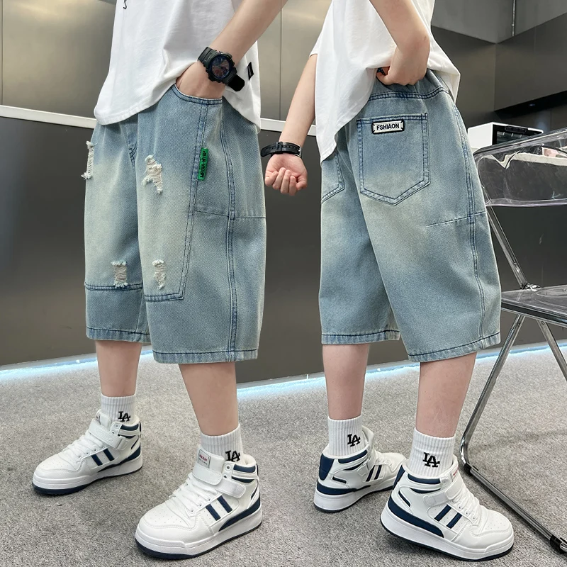 Fashion Korean Child Cropped Jeans Shorts for Teenage Boy Casual Ripped Denim Shorts Kids Trendy Patchwork Mid Calf Capris 5-14Y