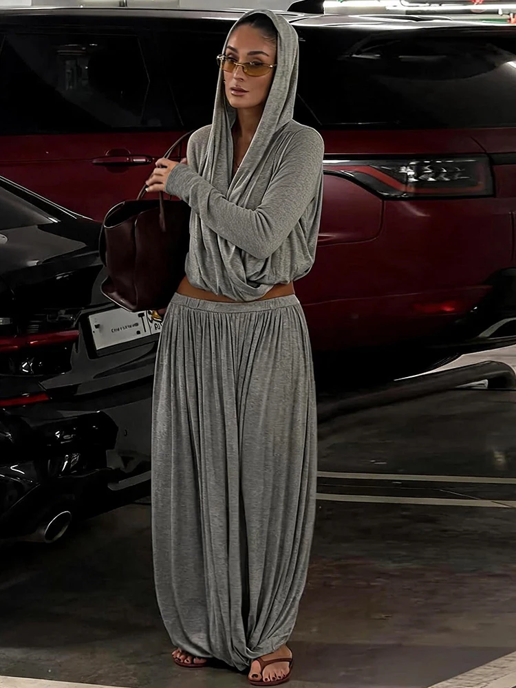Sisterlinda Damen Trend 2-Teiliges Set Hottie Einfaches Kreuz-V-Ausschnitt Kapuzen-Crop-T-Shirt + Geraffter Langer Rock Mode Party Street Anzüge – Detail 13