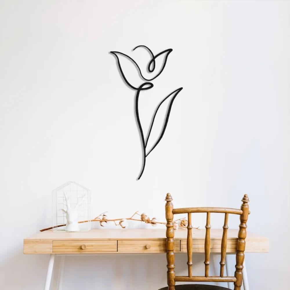 1pc Minimalist Tulip Metal Wall Art, Continuous Line Floral Home Decor