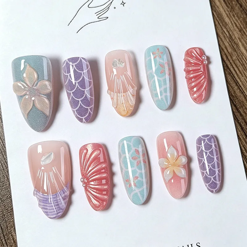 

24PCS Beach Ocean Press on Nails 3D Seashell Mermaid Tail False Nails with Plumeria Flower Almond Acrylic Nail Tips for Summer