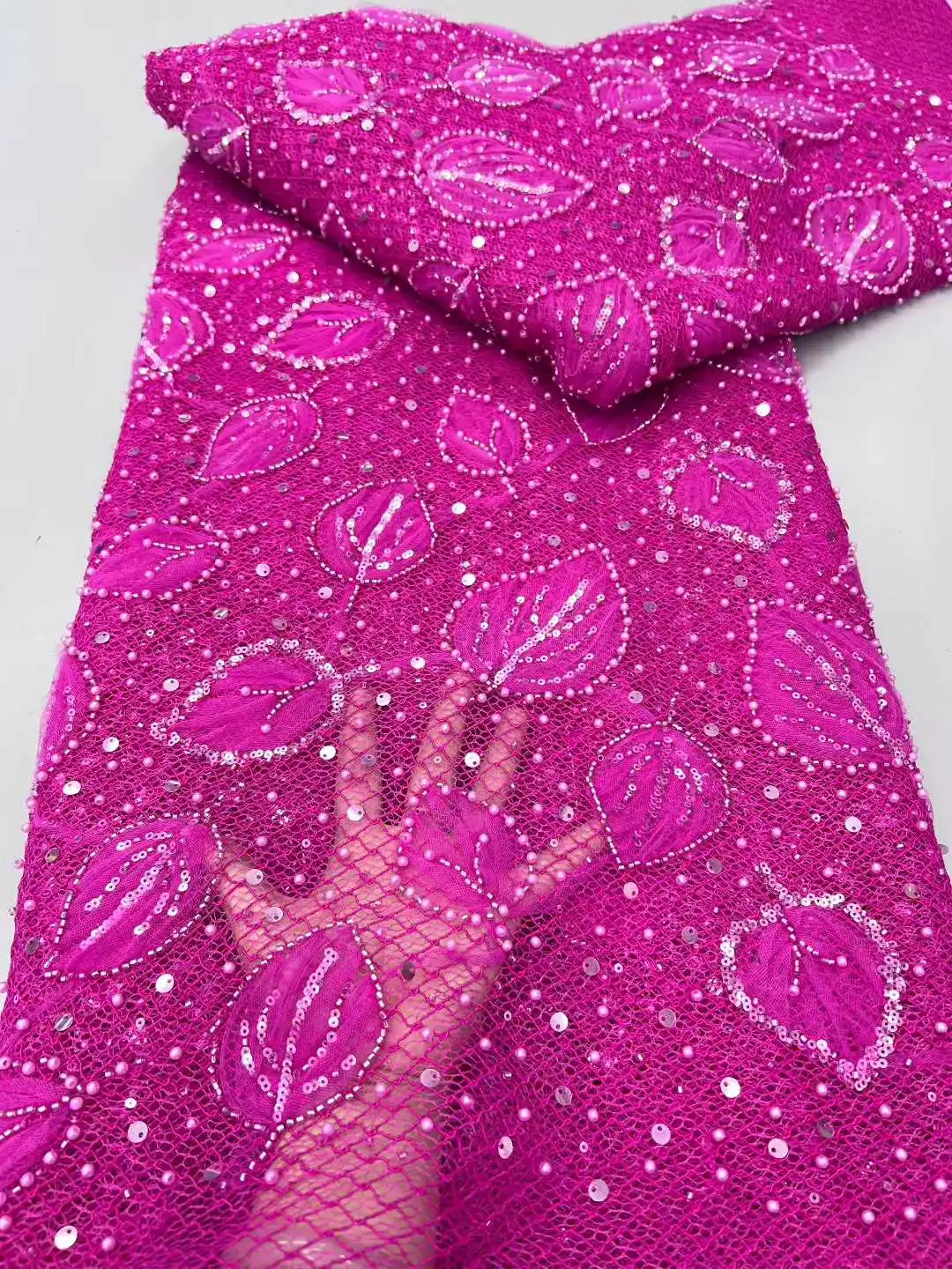 

African Beaded 2025 High Quality Nigerian Sequins With Pearl Lace French Tulle Lace Fabric For Party Dress Sewing
