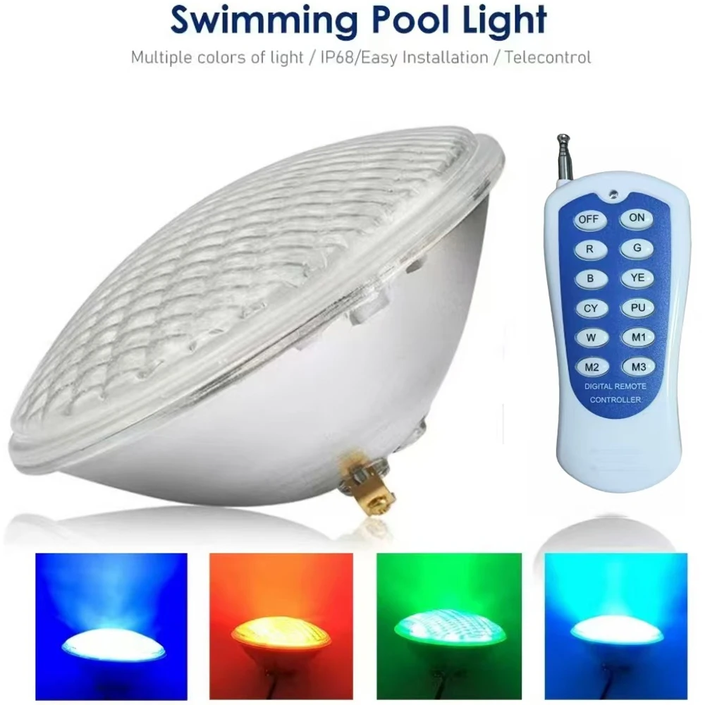 12V PAR56 RGB Swimming Pool Light 54/35/18W Multi-Color Underwater LED Pool Light IP68 Waterproof Remote Thickened Glass Casing