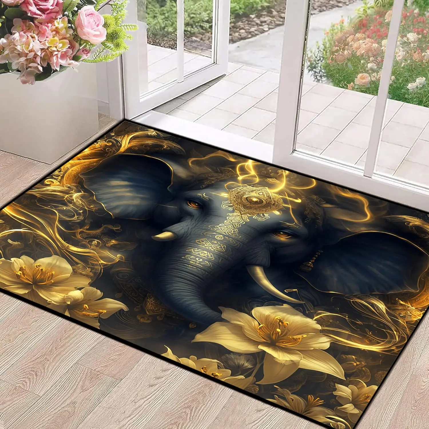 

African Elephant Area Rug Opulent Gold Flowers Rugs for Living Room Bedroom Office Non-Slip Washable Indoor Floor Mat Doormat