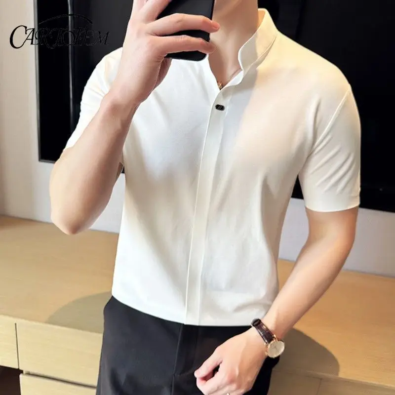 

Summer Thin Men's Short-sleeved Collared Slim Fit High-end New Chinese Style Casual Solid Color V-neck Half-sleeve T-shirt Tops