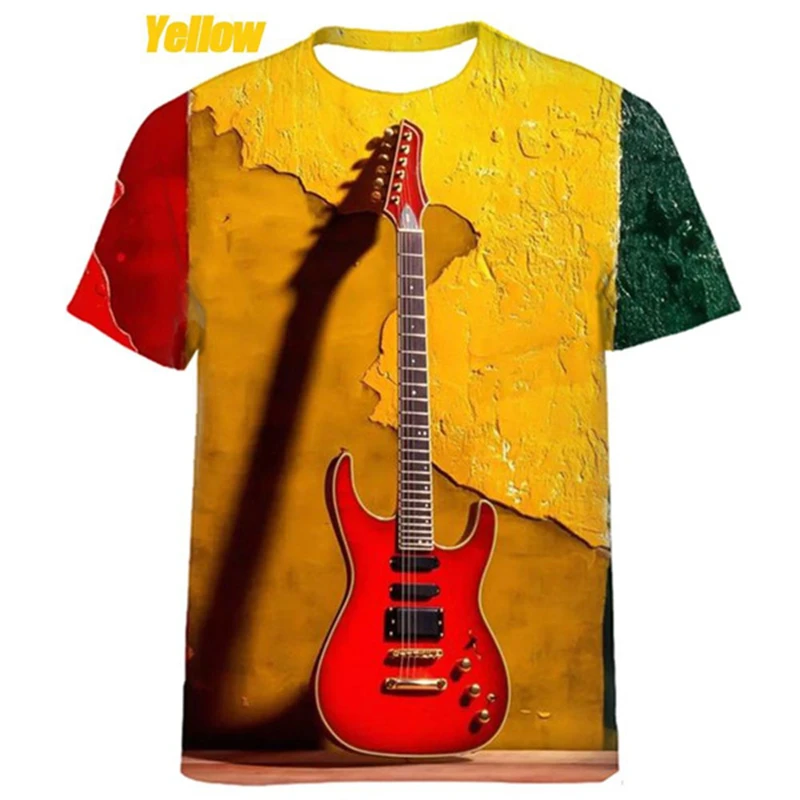 Men's 3D Printed Music Bass Guitar Pattern T-shirt Men's Fashion Hip Hop Funny Short Sleeve Round Neck T-shirt Fashionable Tops
