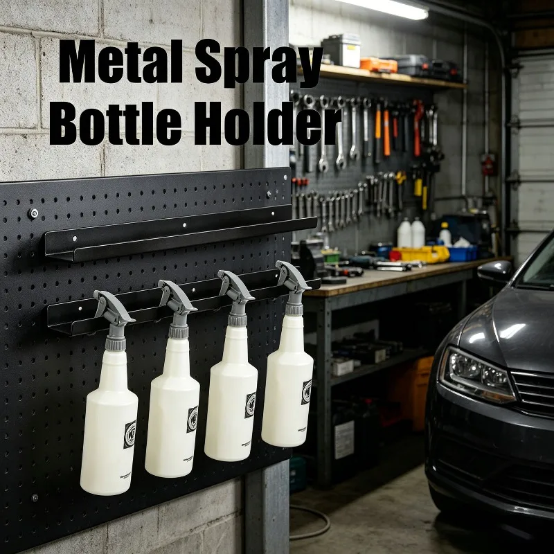 Metal Trigger Spray Bottle Rack Wall Mounted Heavy Duty Iron Holder Organizer for Car Detailing Garage Cleaning Storage
