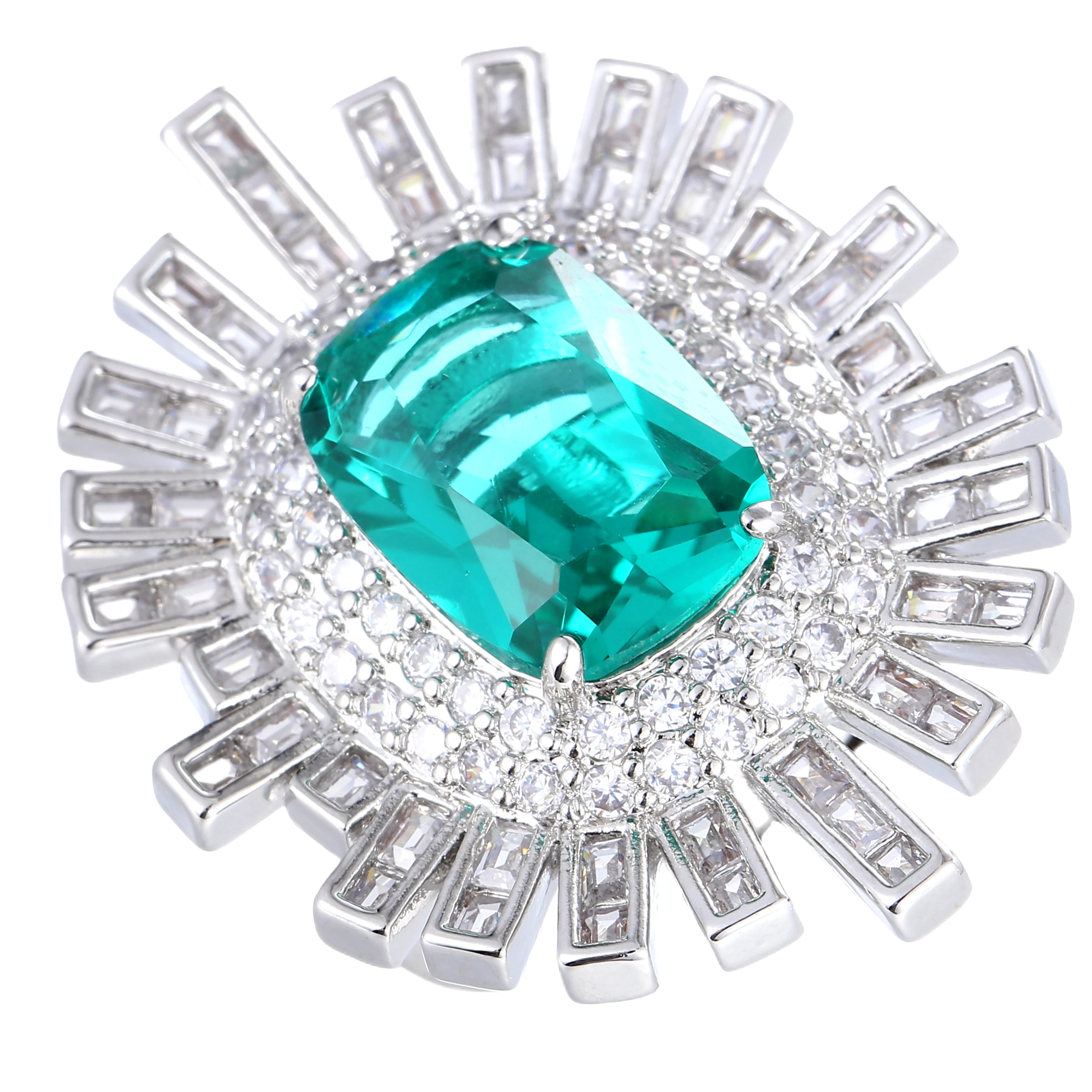 

Middle Century Inspiration Baguette Cut CZ Accent Emerald Sunburst Cluster Ring