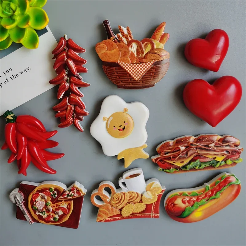 Imanes de nevera de imitación de comida, pegatinas de imán de nevera de Pizza de perro caliente, pasta de huevo, pan, Chile, hamburguesa, Decoración de cocina