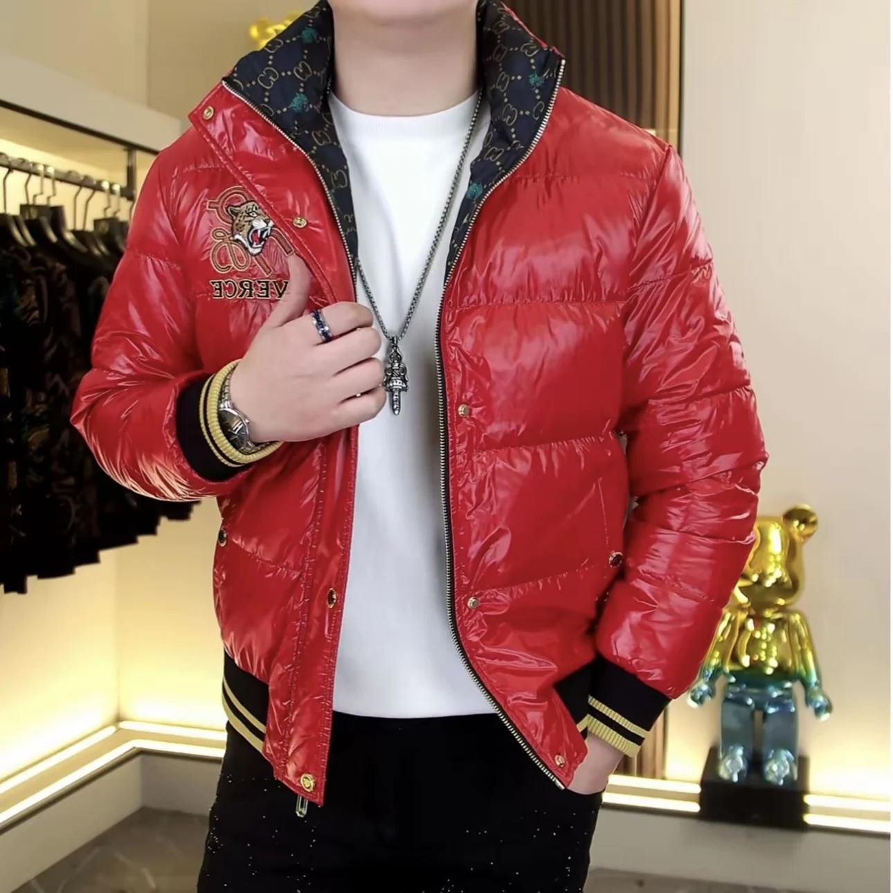 

iny Men's down Jaet Embroidered Stand Collar Slim Fit Faionable Elastic Youthful Sle Winter Outerwear Coat