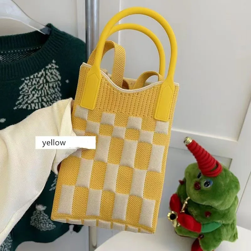 Korean Fashion Lattice Knitted Mini Square Handbag Candy Color Small Mobile Phone Shoulder Bag Women Girls Causal Crossbody Bags