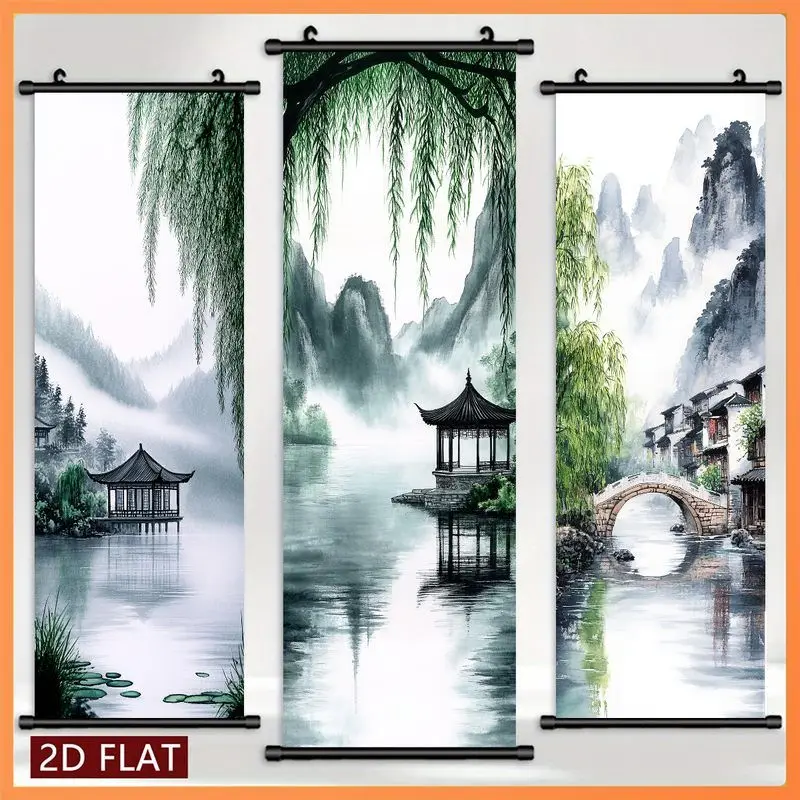 VIKAMA Jiangnan Water Town Wall Tapestry Willow Pavilion Stone Bridge Mist Scroll Art Home Decor Soft Plush Durable Cozy Gift