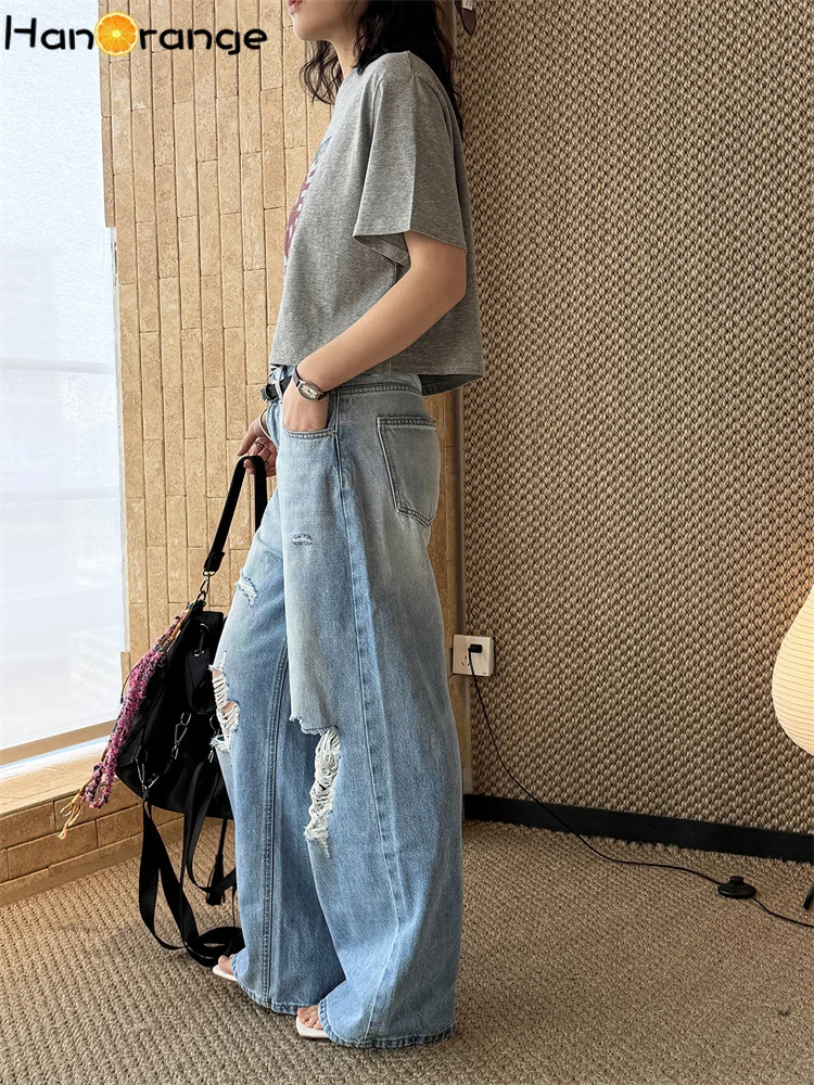 HanOrange 2026 Summer Fashion Distressed White Ripped Straight Leg Jeans Women Denim Pants Blue