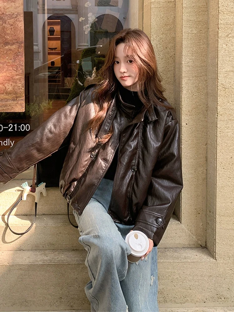 Veste en cuir de motard Sli ort pour femme, manteau d'hiver chaud, doublure en duvet blanc, coupe droite décontractée, écologique