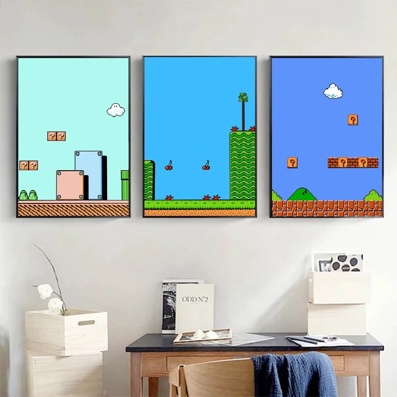 الرجعية الكلاسيكية لعبة بكسل المشارك الحنين الألعاب سباك M-ماريو خريطة حائط لوح رسم صورة فنية لغرفة اللاعب ديكور المنزل