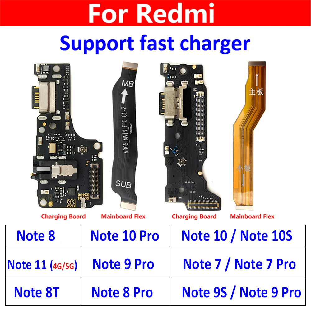Testowany port ładowania USB, płyta mikrofonu, kabel płyty głównej do Xiaomi Redmi Note 9 11 4G 5G 10 7 12 Pro 10S 8 9S