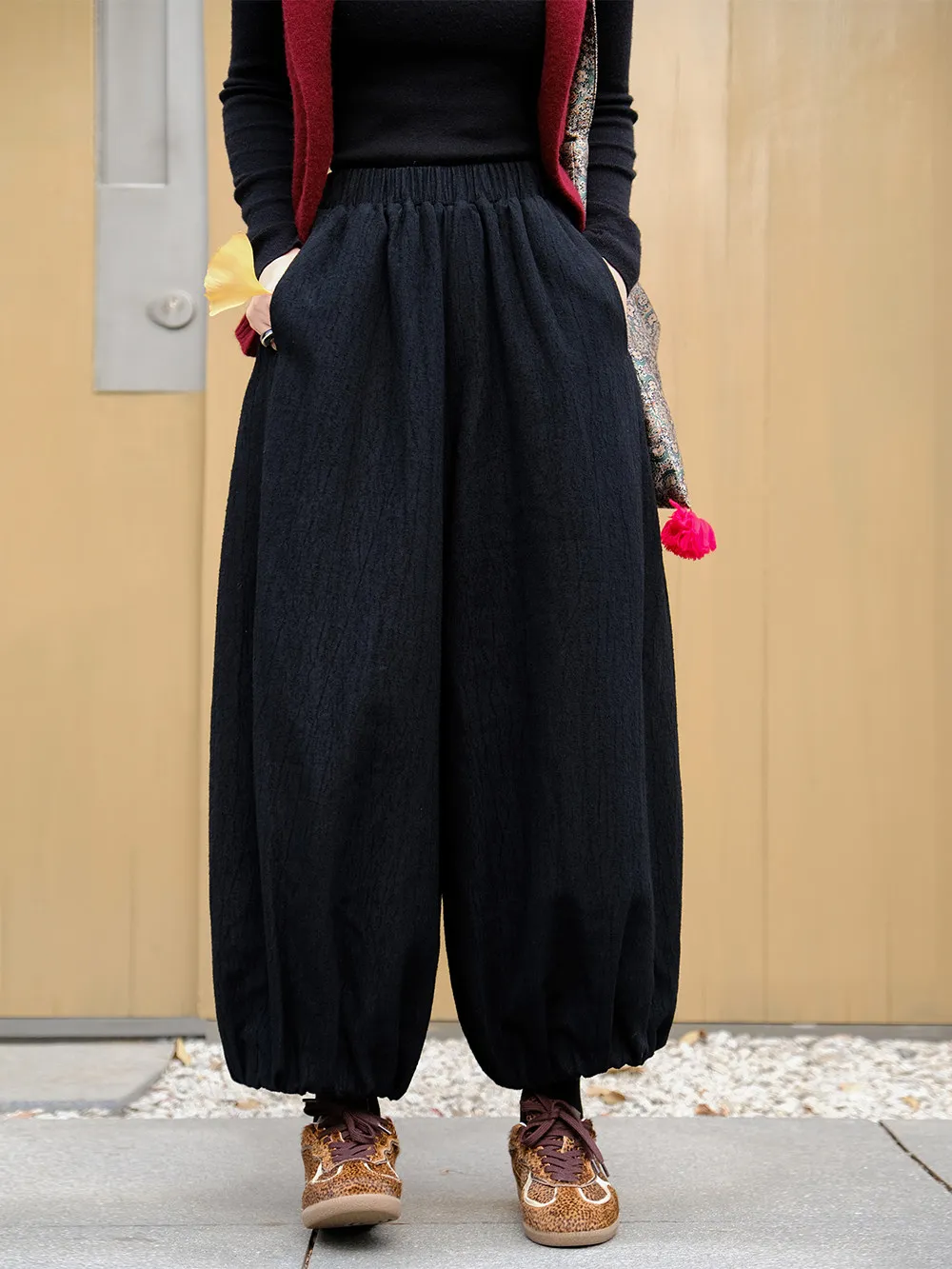 

hine Waable Wool Blend Double Layer Design Treebark Texture Velvet Dstring Lantern Pants Women's Casual Pants