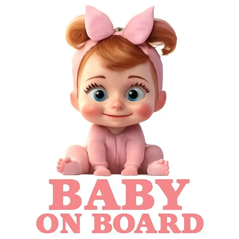 Vinilo Decorativo para Auto con Diseño 3D de Bebé Niña con Cabello Castaño Claro en Moños, Diadema con Lazo Rosa y Expresión Alegre, con la Frase 'BABY ON BOARD'